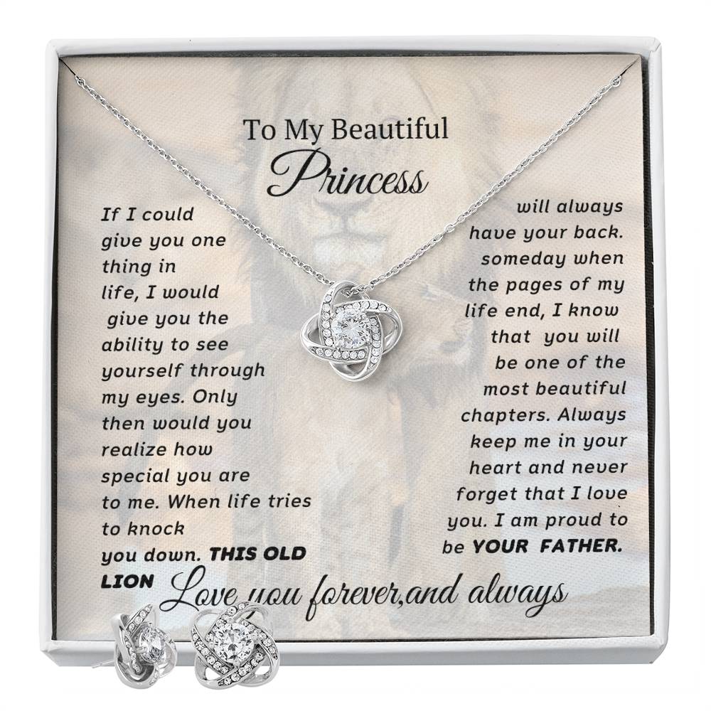 To My Beautiful Princess Love Knot Necklace With Free Earrings Set