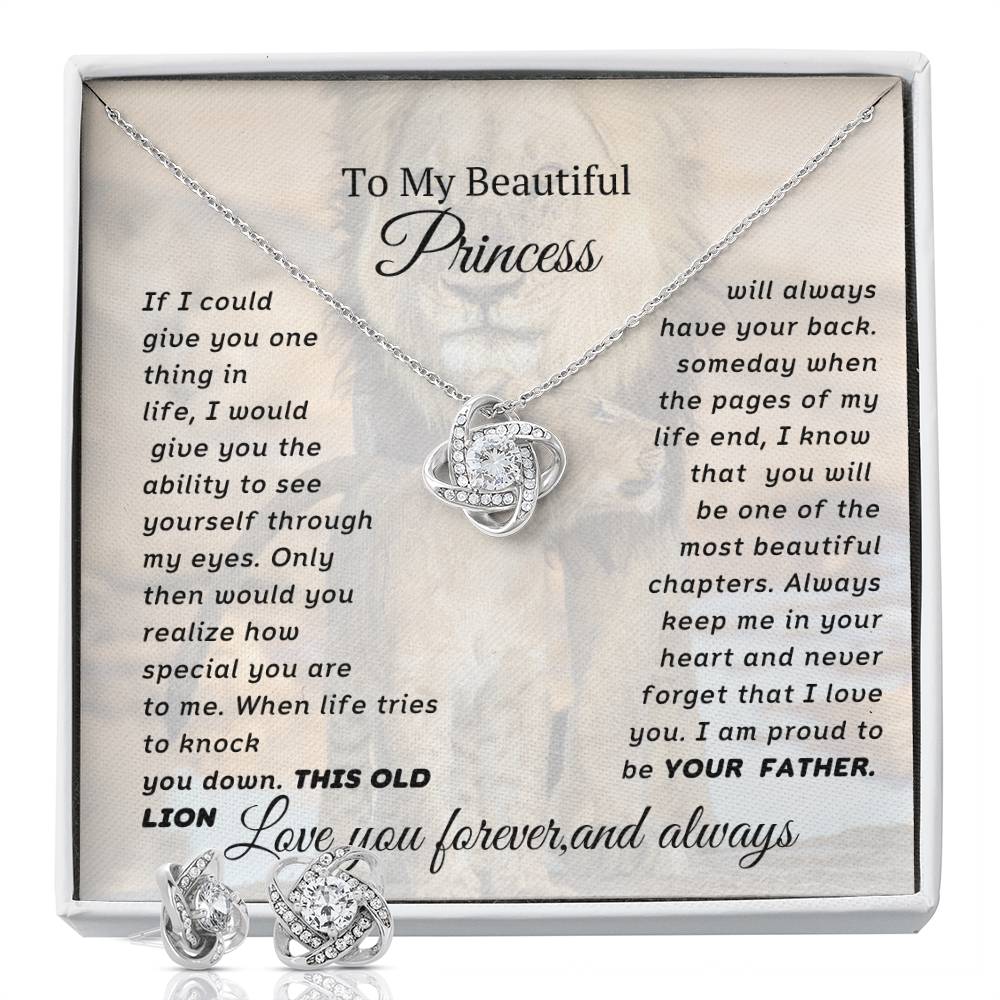 To My Beautiful Princess Love Knot Necklace With Free Earrings Set