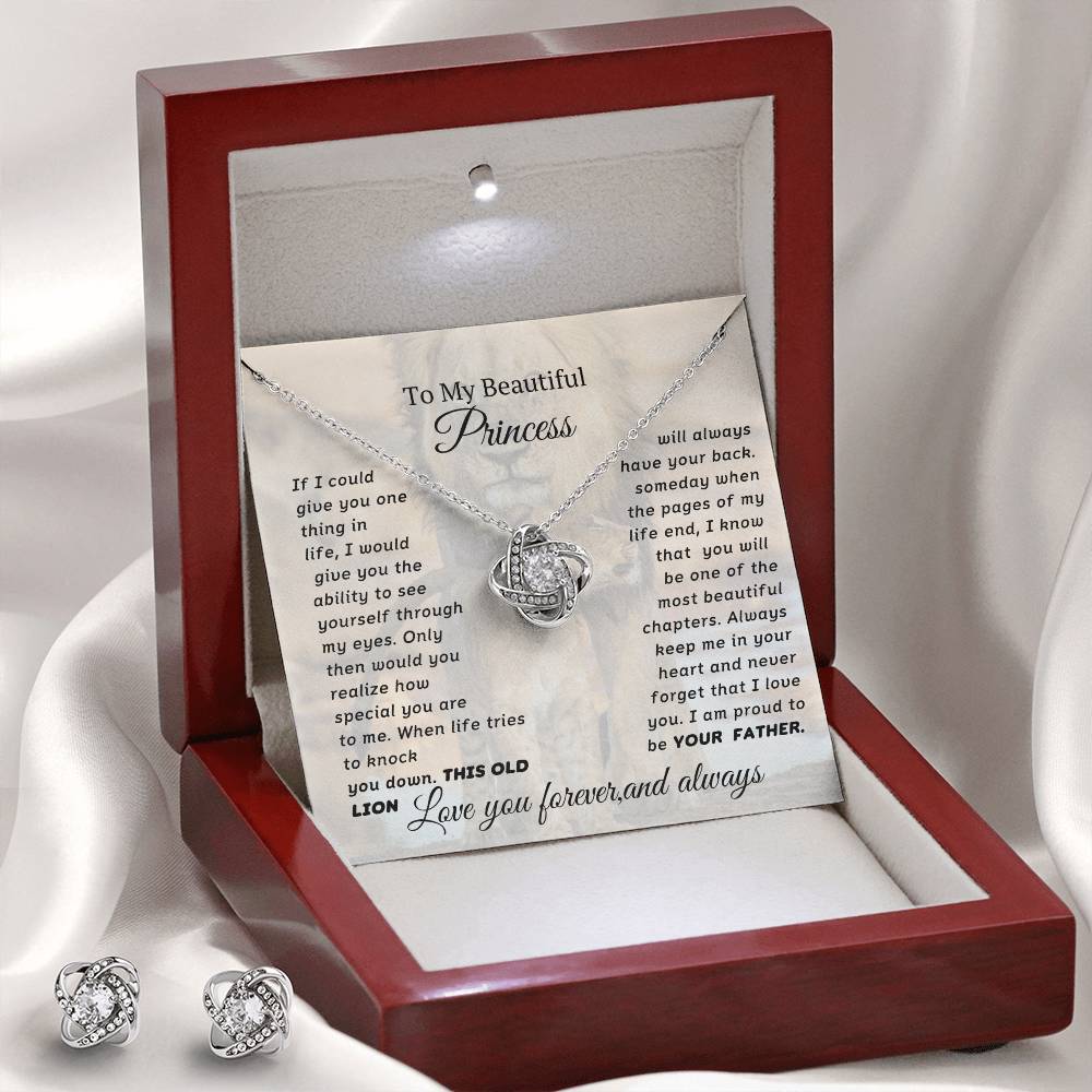 To My Beautiful Princess Love Knot Necklace With Free Earrings Set