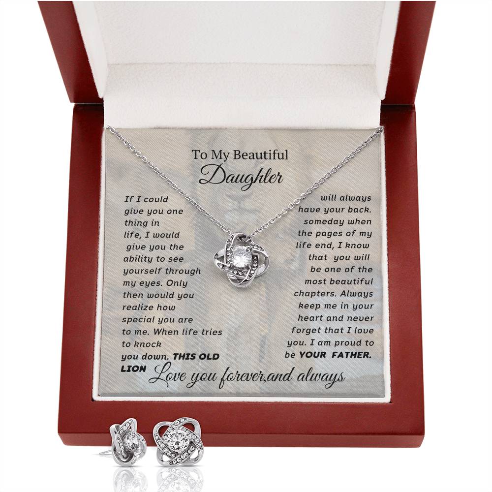 To My Beautiful Daughter Love Knot Necklace With Free Earrings Set