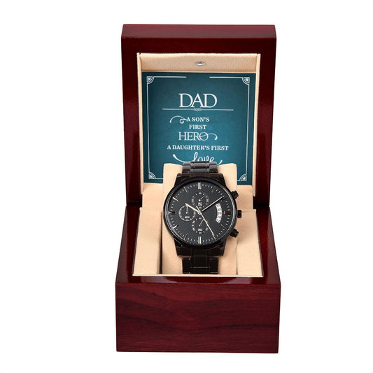 Dad, A Son's First Hero- Black Chronograph Watch W/Mahogany Box