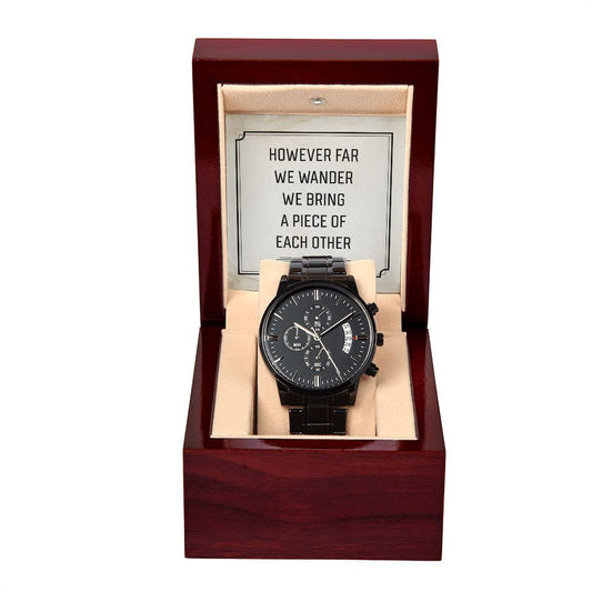 However Far We Wander- Black Chronograph Watch W/Mahogany Box