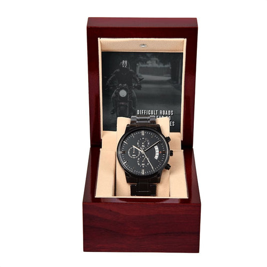 Difficult Roads Often Lead To Beautiful Places- Black Chronograph Watch W/Mahogany Box