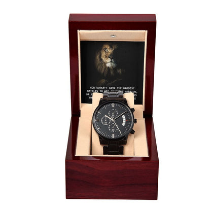 God Doesn't Give The Hardest Battles To His Toughest Warrior- Black Chronograph Watch W/Mahogany Box