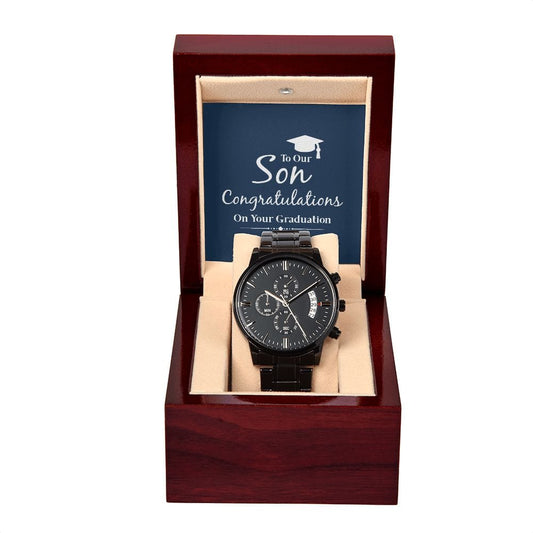 To Our Son- Congratulations On Your Graduation Black Chronograph Watch W/Mahogany Box