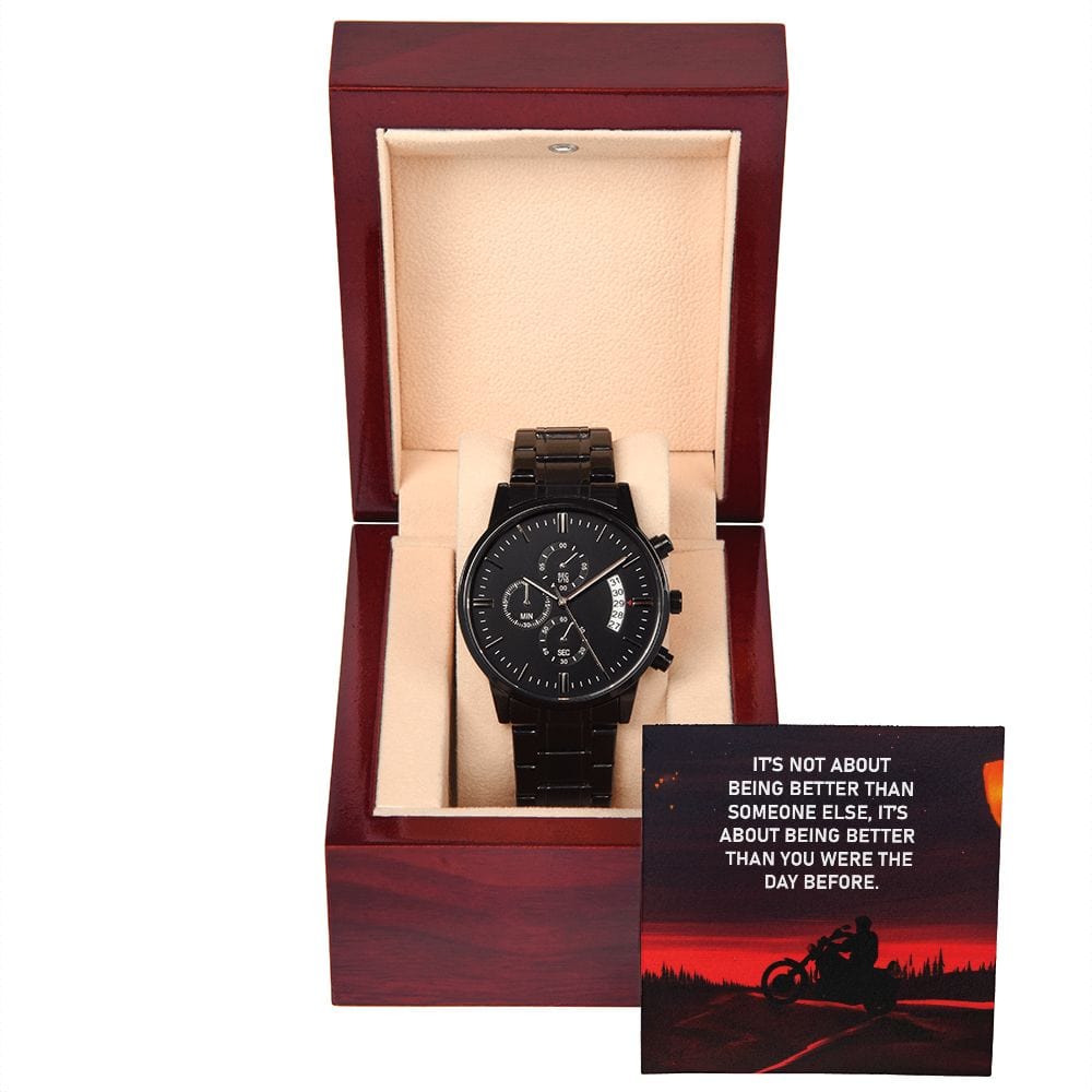 It's Not About Being Better Than Someone Else- Black Chronograph Watch W/Mahogany Box