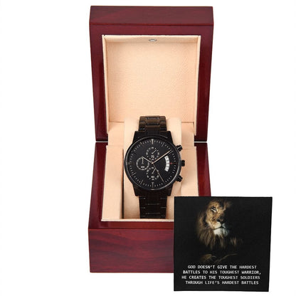 God Doesn't Give The Hardest Battles To His Toughest Warrior- Black Chronograph Watch W/Mahogany Box