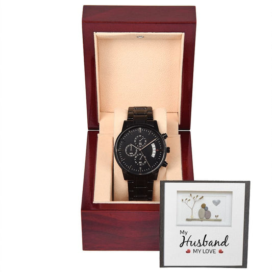 My Husband, My Love- Black Chronograph Watch W/Mahogany Box