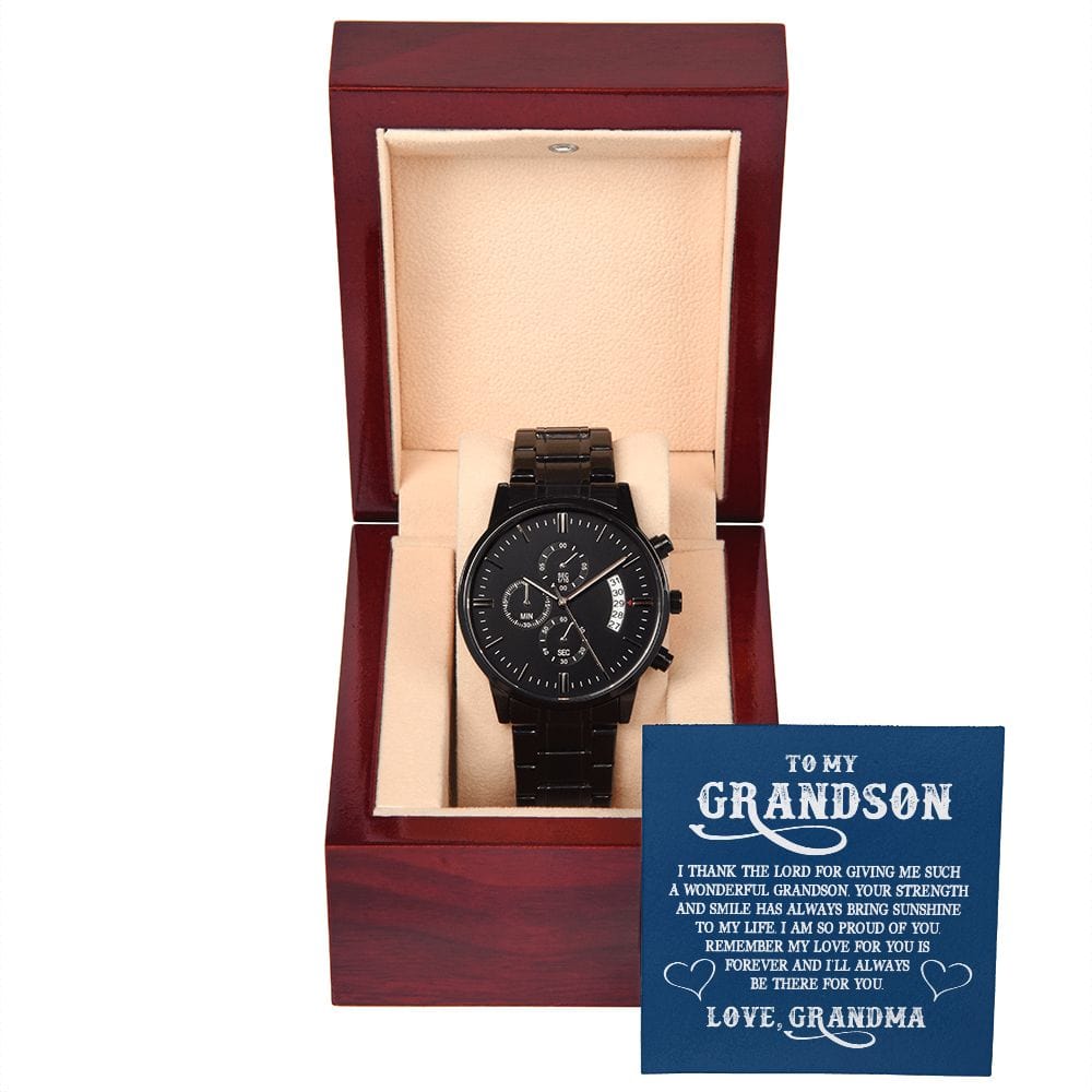 To My GrandSon - I Thank The LORD For Giving Me Such...- Black Chronograph Watch W/Mahogany Box