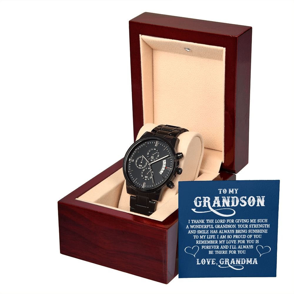 To My GrandSon - I Thank The LORD For Giving Me Such...- Black Chronograph Watch W/Mahogany Box