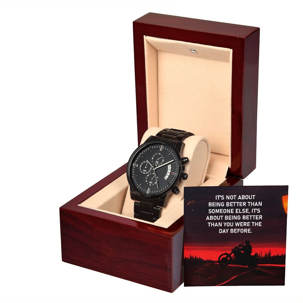 It's Not About Being Better Than Someone Else- Black Chronograph Watch W/Mahogany Box