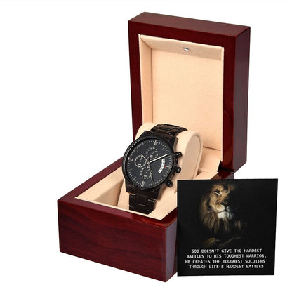 God Doesn't Give The Hardest Battles To His Toughest Warrior- Black Chronograph Watch W/Mahogany Box