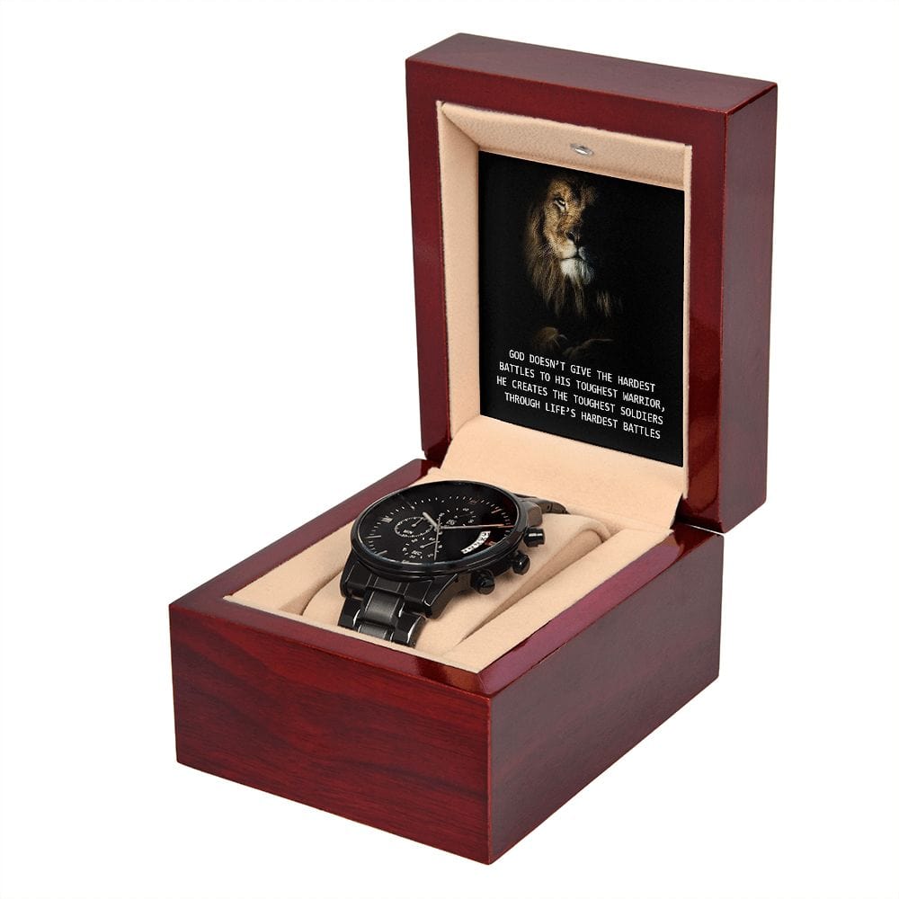 God Doesn't Give The Hardest Battles To His Toughest Warrior- Black Chronograph Watch W/Mahogany Box