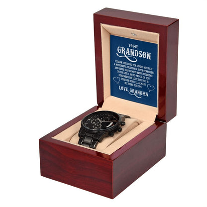 To My GrandSon - I Thank The LORD For Giving Me Such...- Black Chronograph Watch W/Mahogany Box