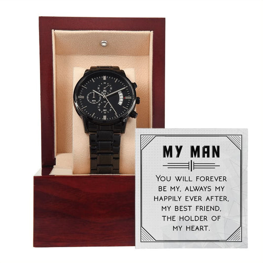 You Will Forever Be My  Always Black Chronograph Watch W/Mahogany Box