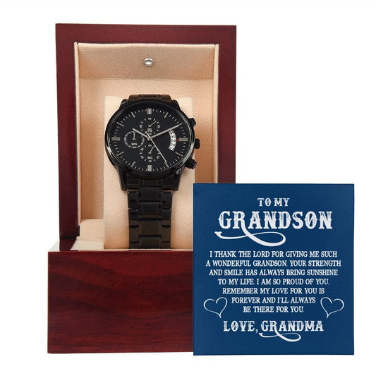 To My GrandSon - I Thank The LORD For Giving Me Such...- Black Chronograph Watch W/Mahogany Box