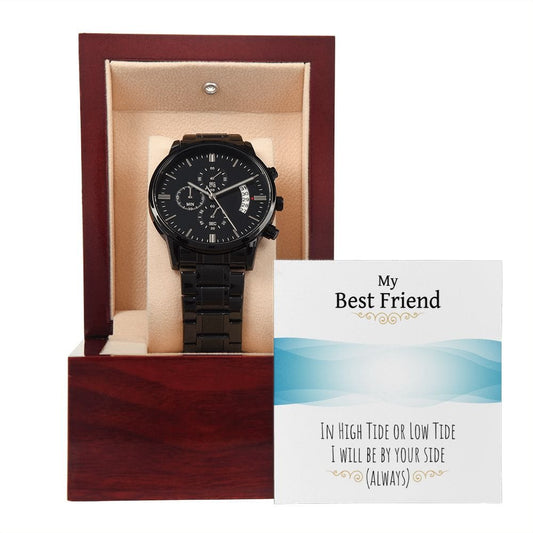 My Best Friend-.Black Chronograph Watch W/Mahogany Box