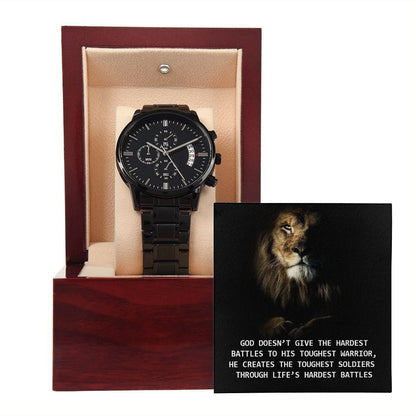 God Doesn't Give The Hardest Battles To His Toughest Warrior- Black Chronograph Watch W/Mahogany Box