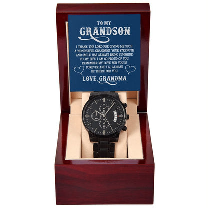 To My GrandSon - I Thank The LORD For Giving Me Such...- Black Chronograph Watch W/Mahogany Box