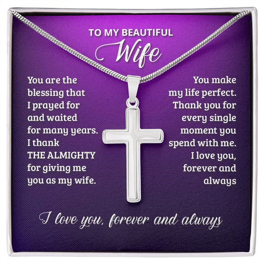 To My  Beautiful Wife You Are The  Blessing  Stainless Steel Cross Necklace W/ Snake Chain